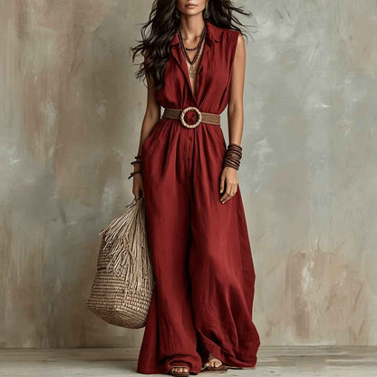 Women's Linen Summer Casual Sleeveless Jumpsuit with Buckle