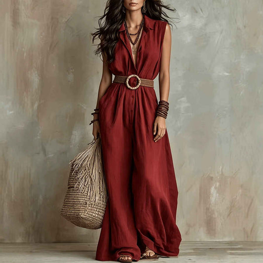 Women's Linen Summer Casual Sleeveless Jumpsuit with Buckle
