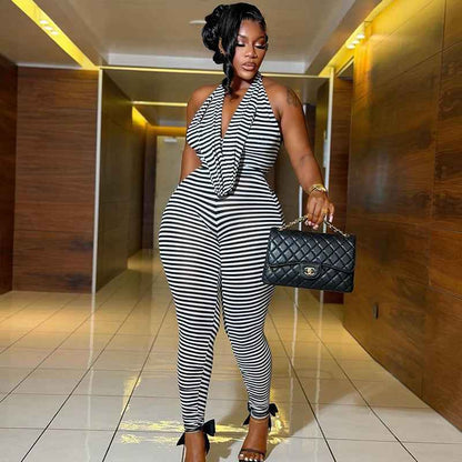 Striped Jumpsuit Swing Collar