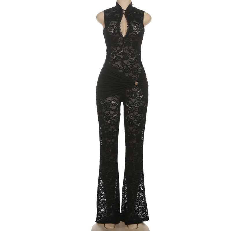 Lace Stitching Sleeveless Sexy High Waist Slim Fit Micro Pull Jumpsuit