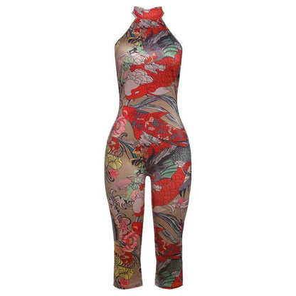 Summer Sexy Backless Halter Lace up Leopard Print Jumpsuit for Women
