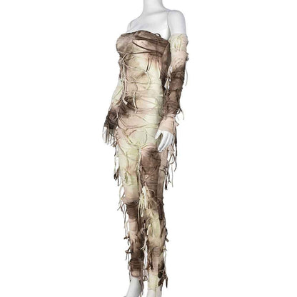 Autumn Tie Dyed Tassel Sexy Bandeau Backless Ice Sleeve Jumpsuit for Women