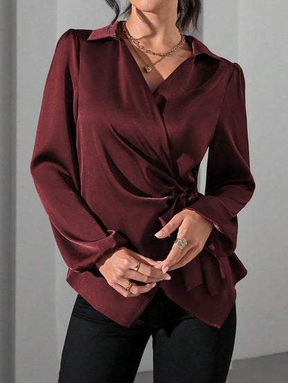 Long Sleeved Satin Lace up Cinched Blouse