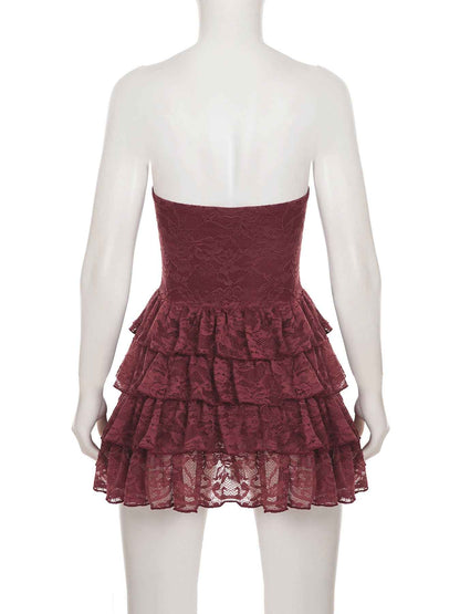 Lace Stitching Puffy Tiered Dress Summer Set