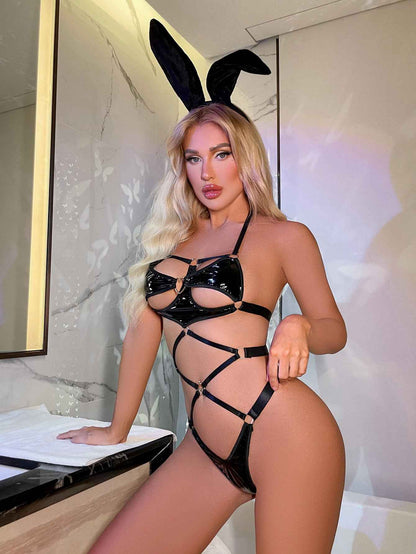 Patent Faux Leather Heavy Craft Bunny Bodysuit Lingerie With Rabbit Ears