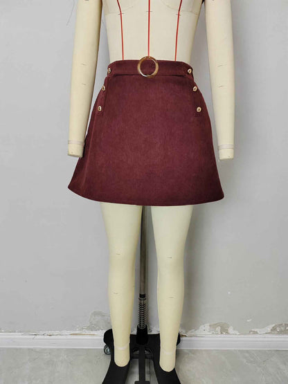 Corduroy a Skirt Slimming Metal Buckle All Matching Sheath Mid Skirt