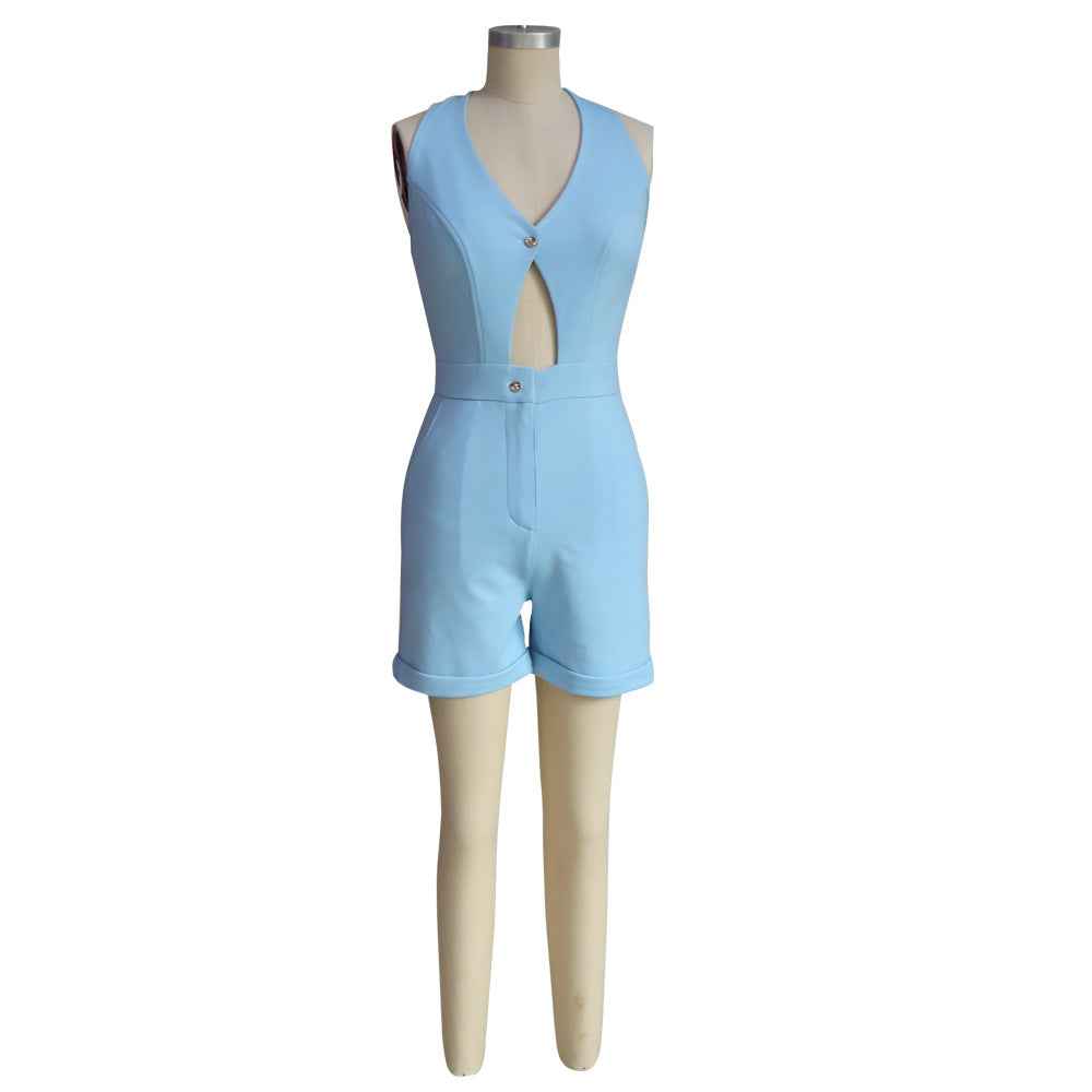 Solid Color High Waist Sexy Hollow Out Cutout Sleeveless Lace-up Romper