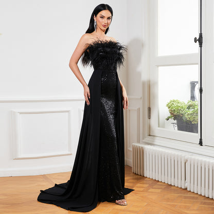 Sequined Sleeveless Feather Backless Cocktail Evening Dress