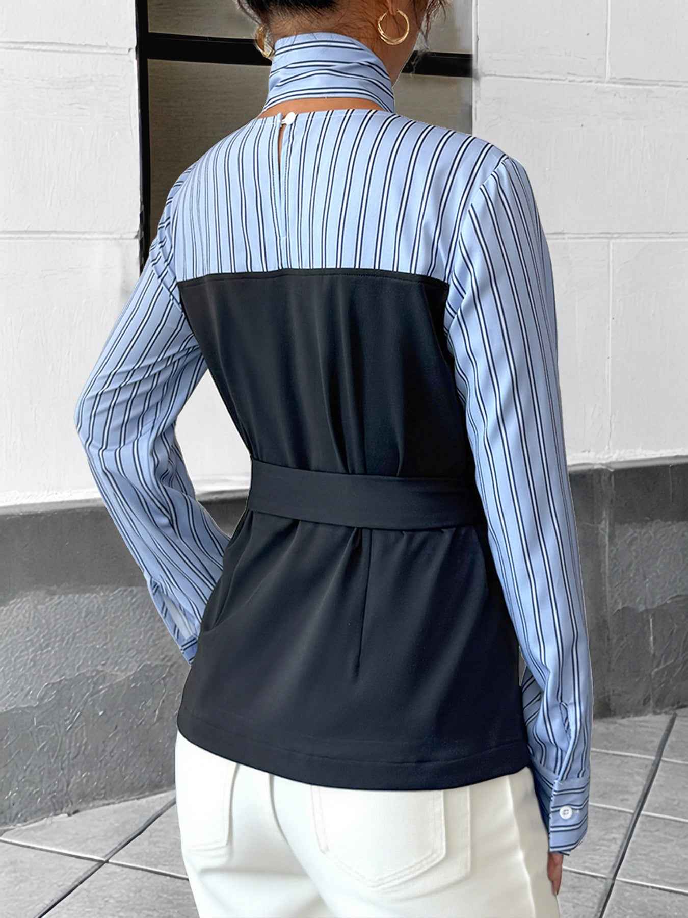 Striped Stitching Elegant Blouse False Two Piece Set