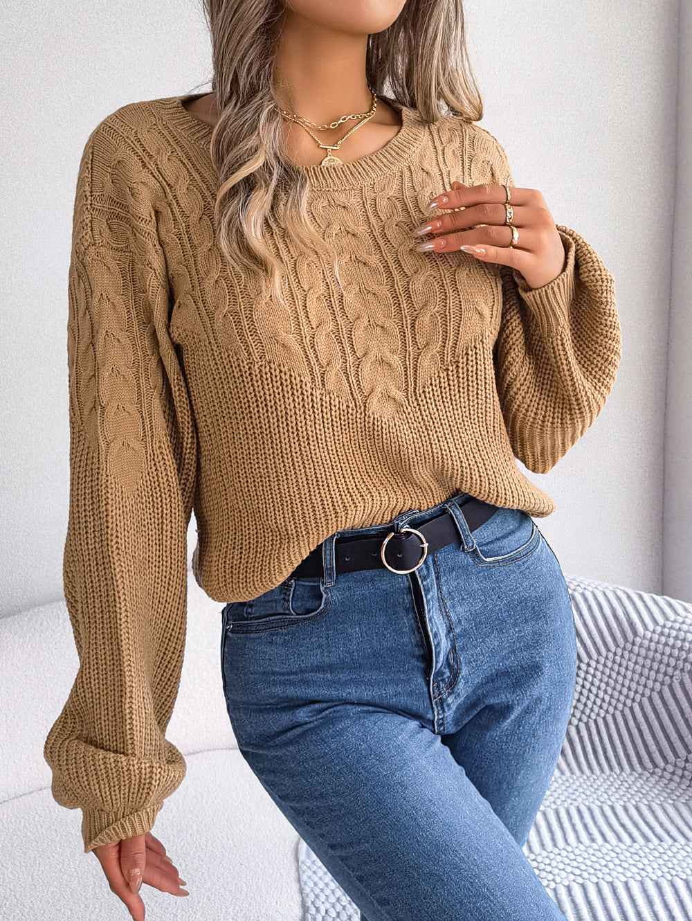 Casual Twist Patchwork Puff Sleeve Pullover Sweater