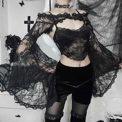 Gothic Classic Lace Cover Ups Women Mesh Crop Top See Through Sexy Flare Sleeve Blouse Y2k Black Rave Outfit Festival