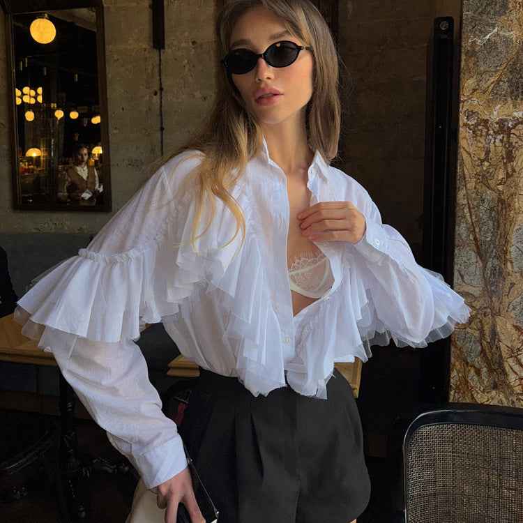 Ruffled Polo Collar Long Sleeve Blouse