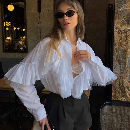 Ruffled Polo Collar Long Sleeve Blouse