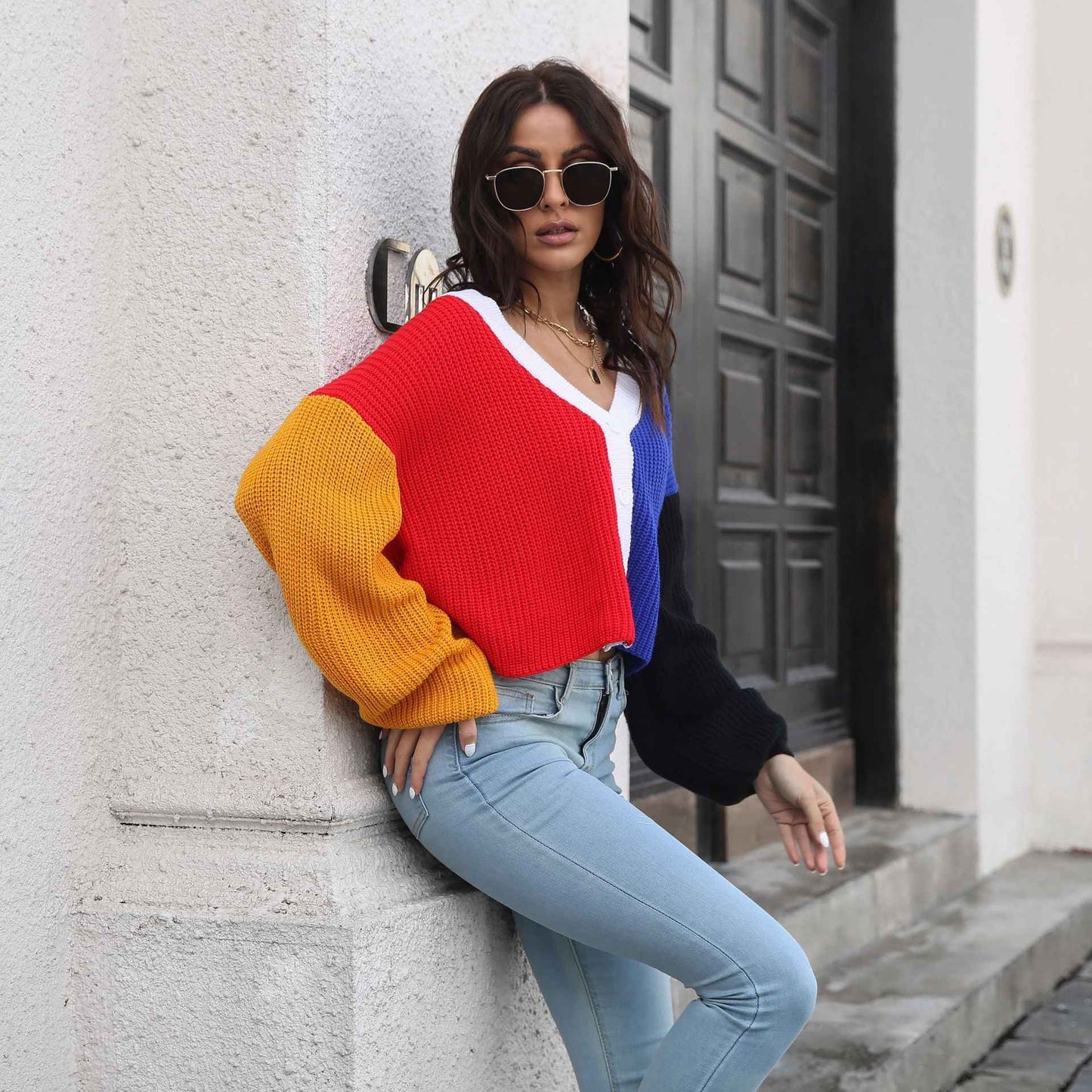 Knitted Cardigan Contrast Color Sweater