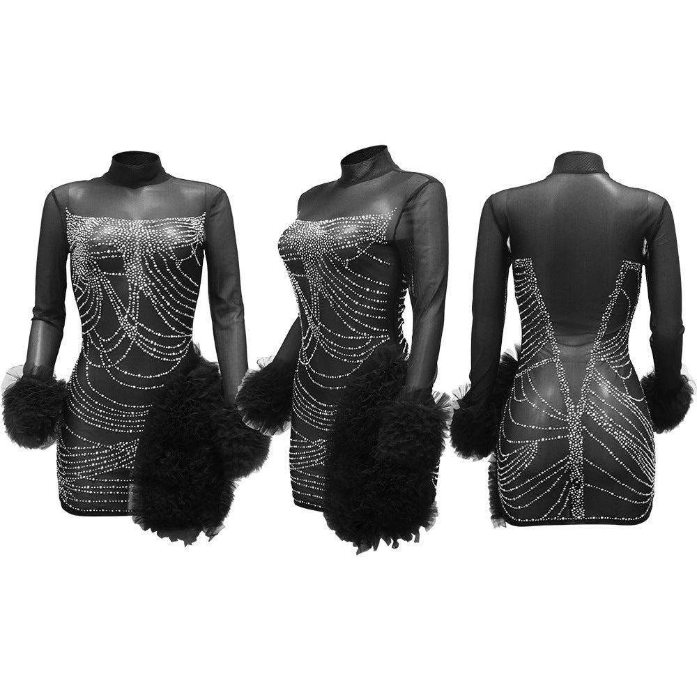 See through Rhinestone Sheath Long Sleeve Dress New Arrivals