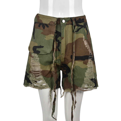 High Waist Camouflage Washed Tassel Bottoms for Women