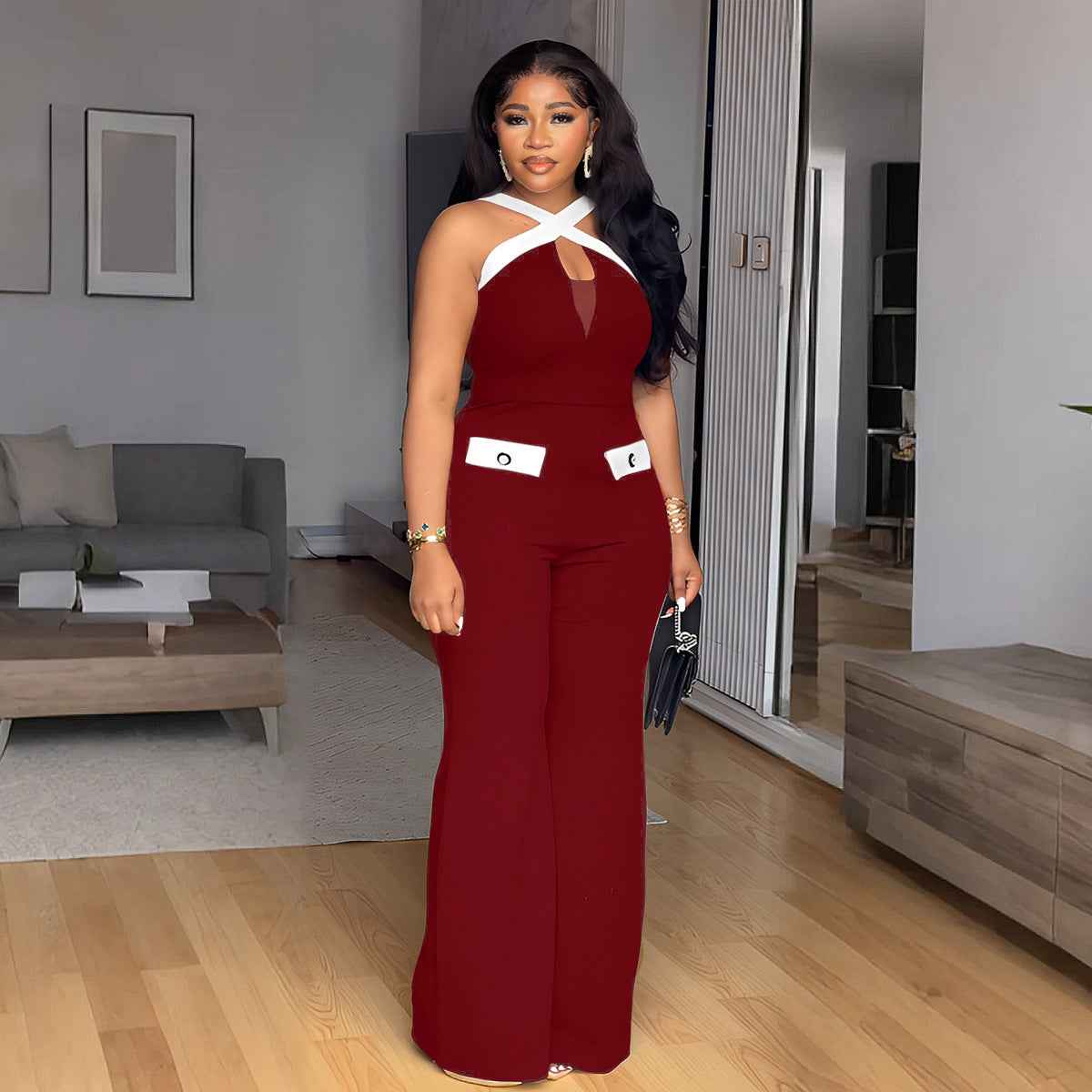 Elegant Office Contrast Color Cross Strap Jumpsuit