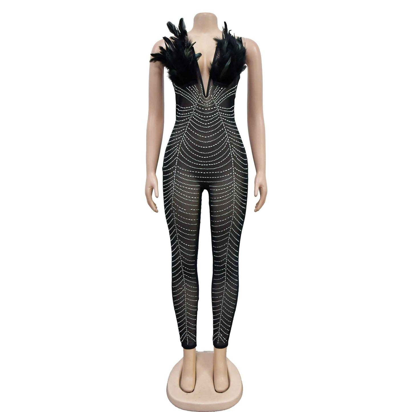Solid Color Sexy Mesh Rhinestone Jumpsuit