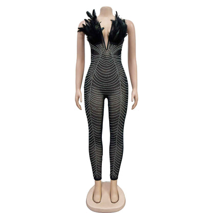 Solid Color Sexy Mesh Rhinestone Jumpsuit