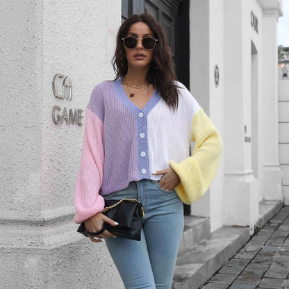 Knitted Cardigan Contrast Color Sweater