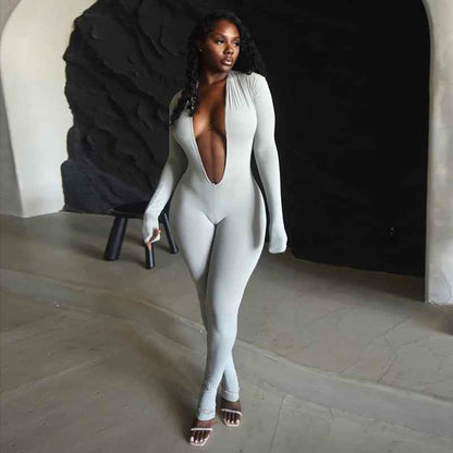 Backless Deep V Plunge Long Sleeve Solid Color Jumpsuit