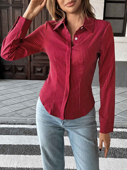 Casual Polo Collar Striped Blouse