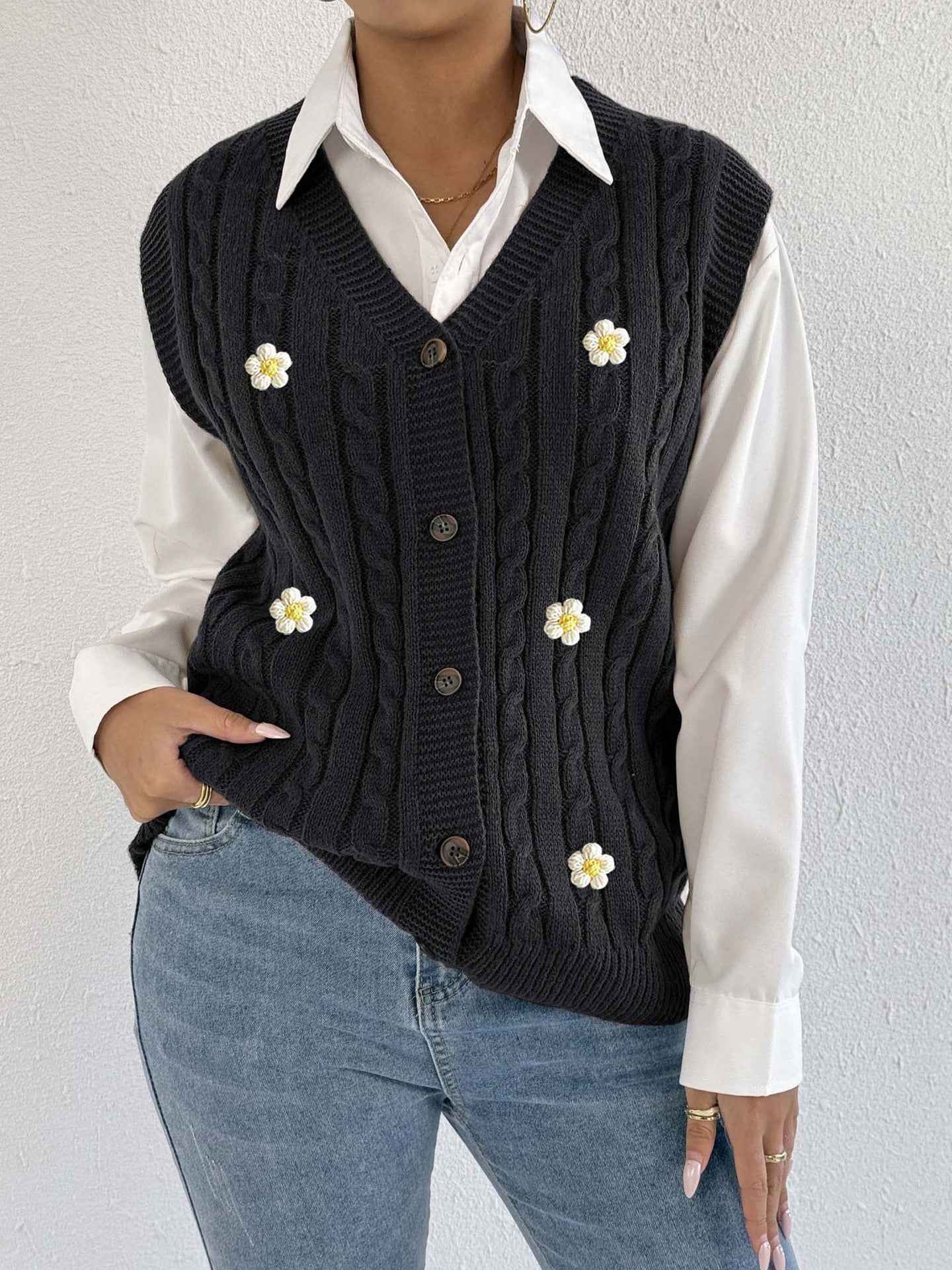 Sweater Vest Twist Woven Three Dimensional Floral Stitching (Small Only)