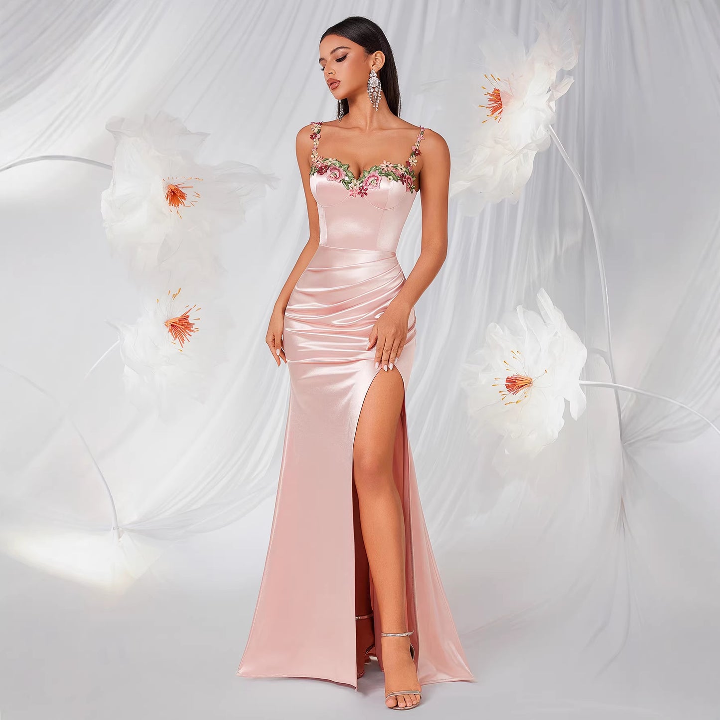 French Entry Lux Pink Satin Evening Dress High Grade Embroidered Lace Slit Fishtail Dress