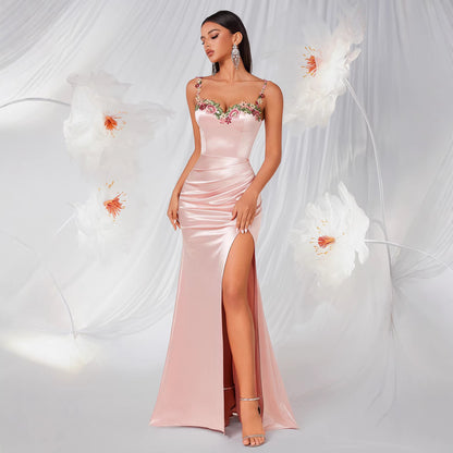 French Entry Lux Pink Satin Evening Dress High Grade Embroidered Lace Slit Fishtail Dress