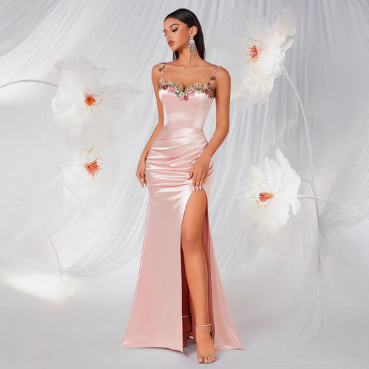 French Entry Lux Pink Satin Evening Dress High Grade Embroidered Lace Slit Fishtail Dress