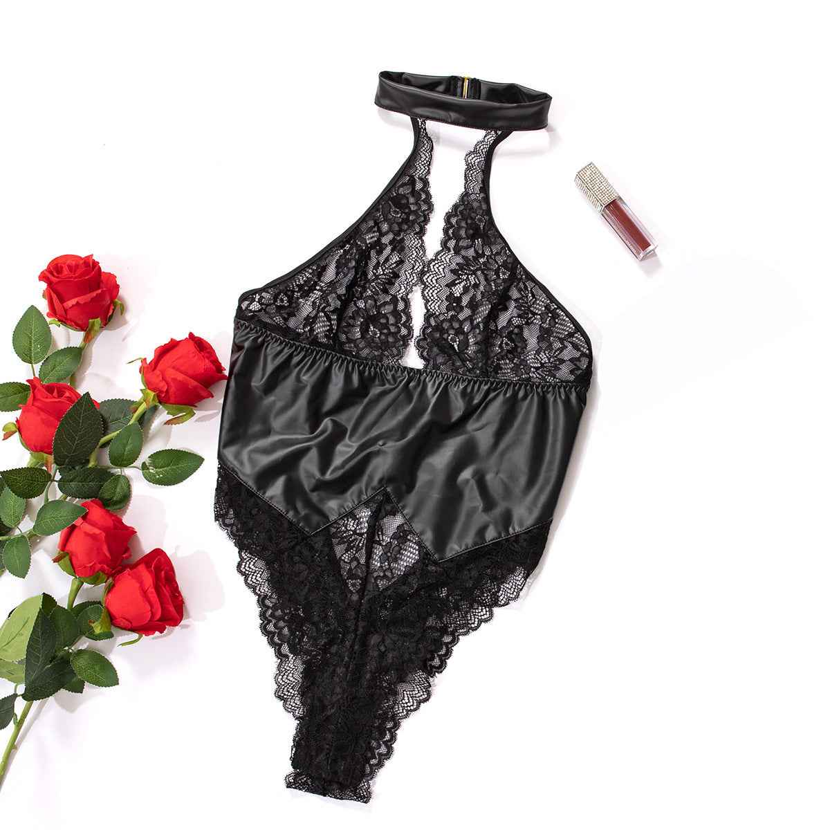 Sexy Patent Leather Lace Stitching One Piece Nightclub Temptation Sexy Lingerie Set
