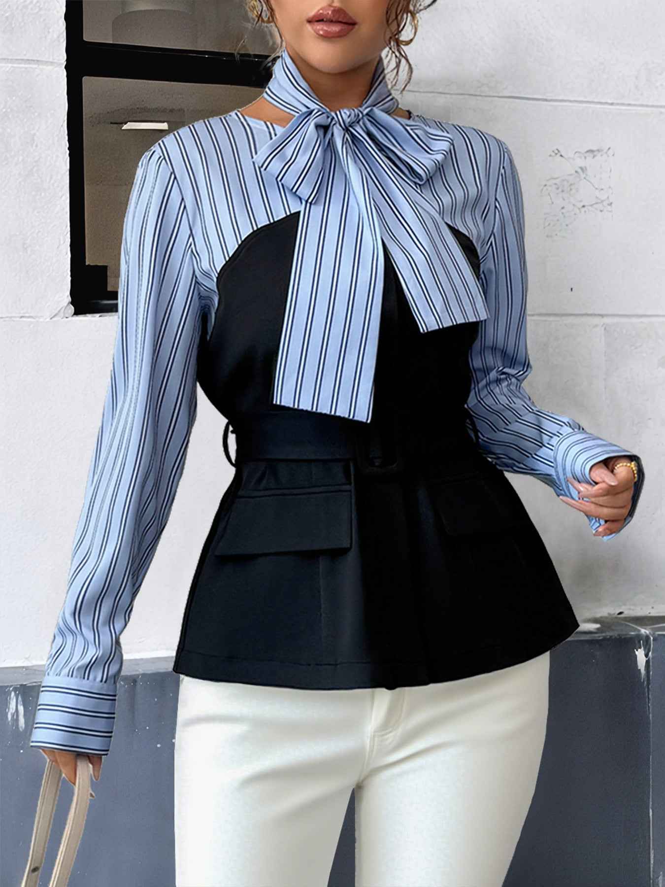 Striped Stitching Elegant Blouse False Two Piece Set
