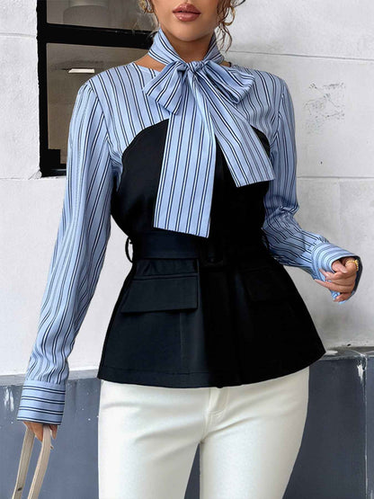 Striped Stitching Elegant Blouse False Two Piece Set