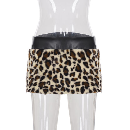 Leopard Fur Stitching Leather Hip Skirt Two Piece Set