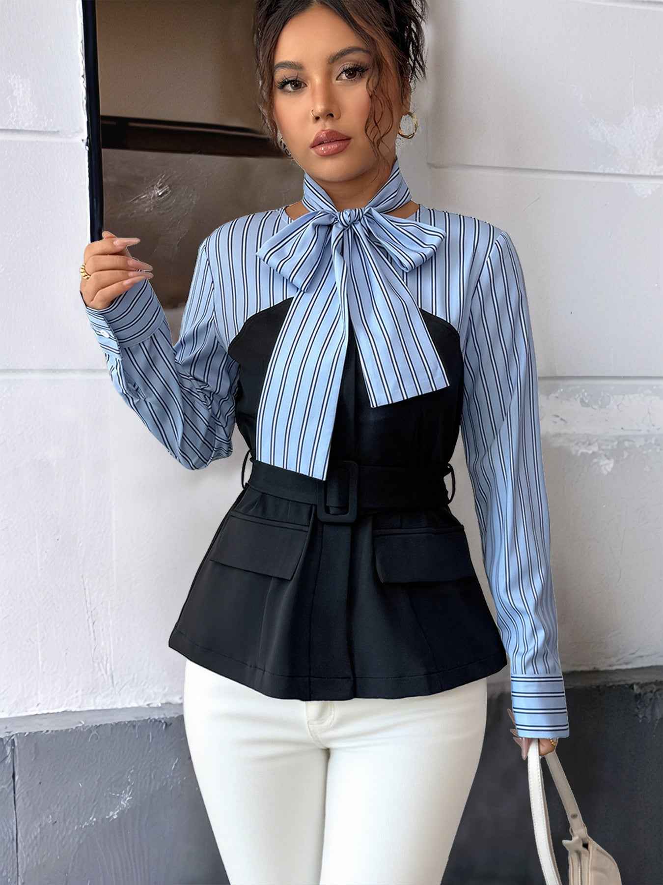 Striped Stitching Elegant Blouse False Two Piece Set