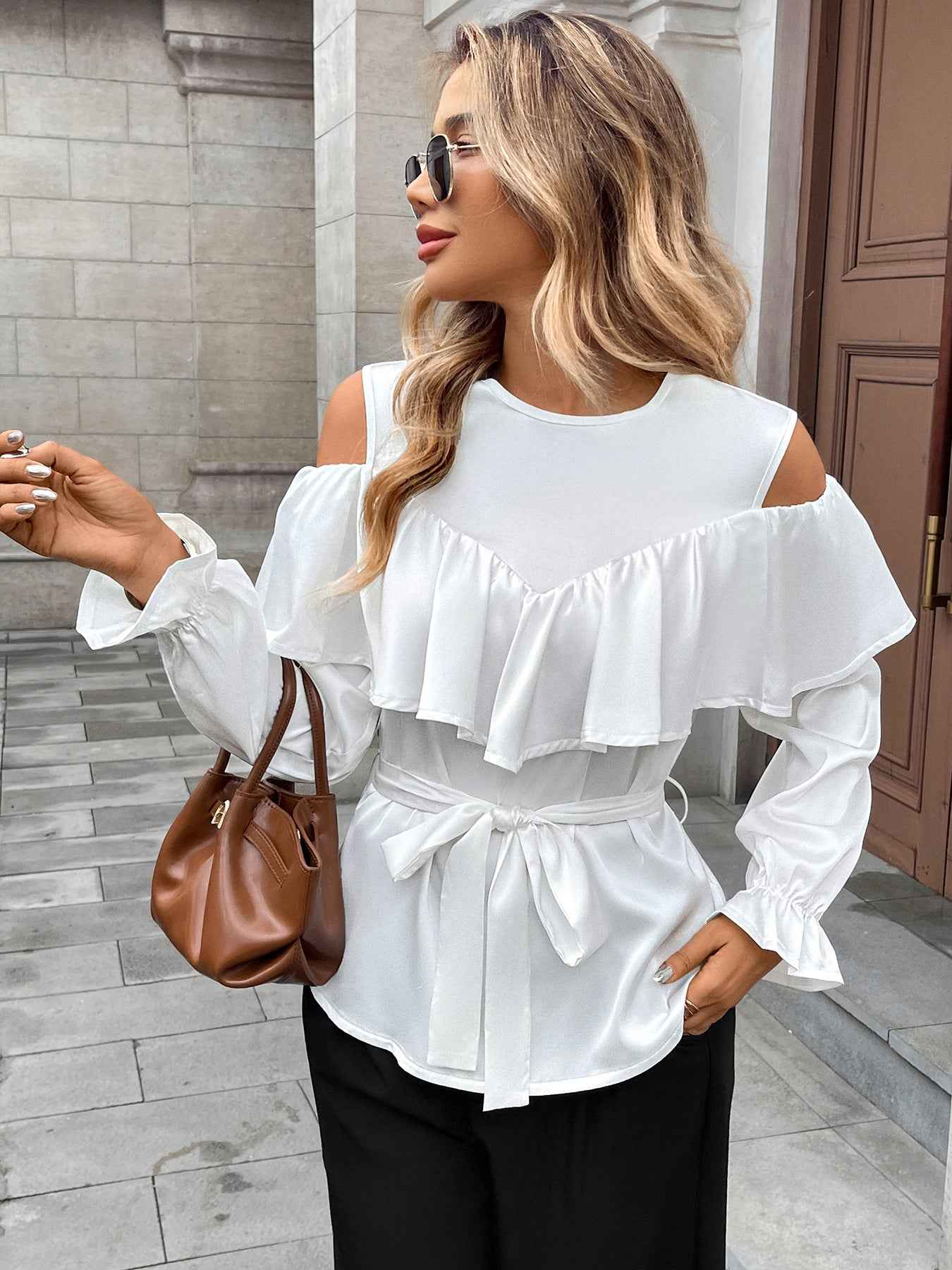 Elegant Long Sleeved Ruffled Off the Shoulder Lace Blouse