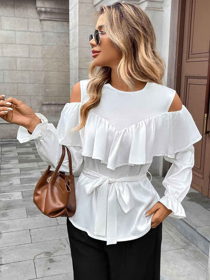 Elegant Long Sleeved Ruffled Off the Shoulder Lace Blouse