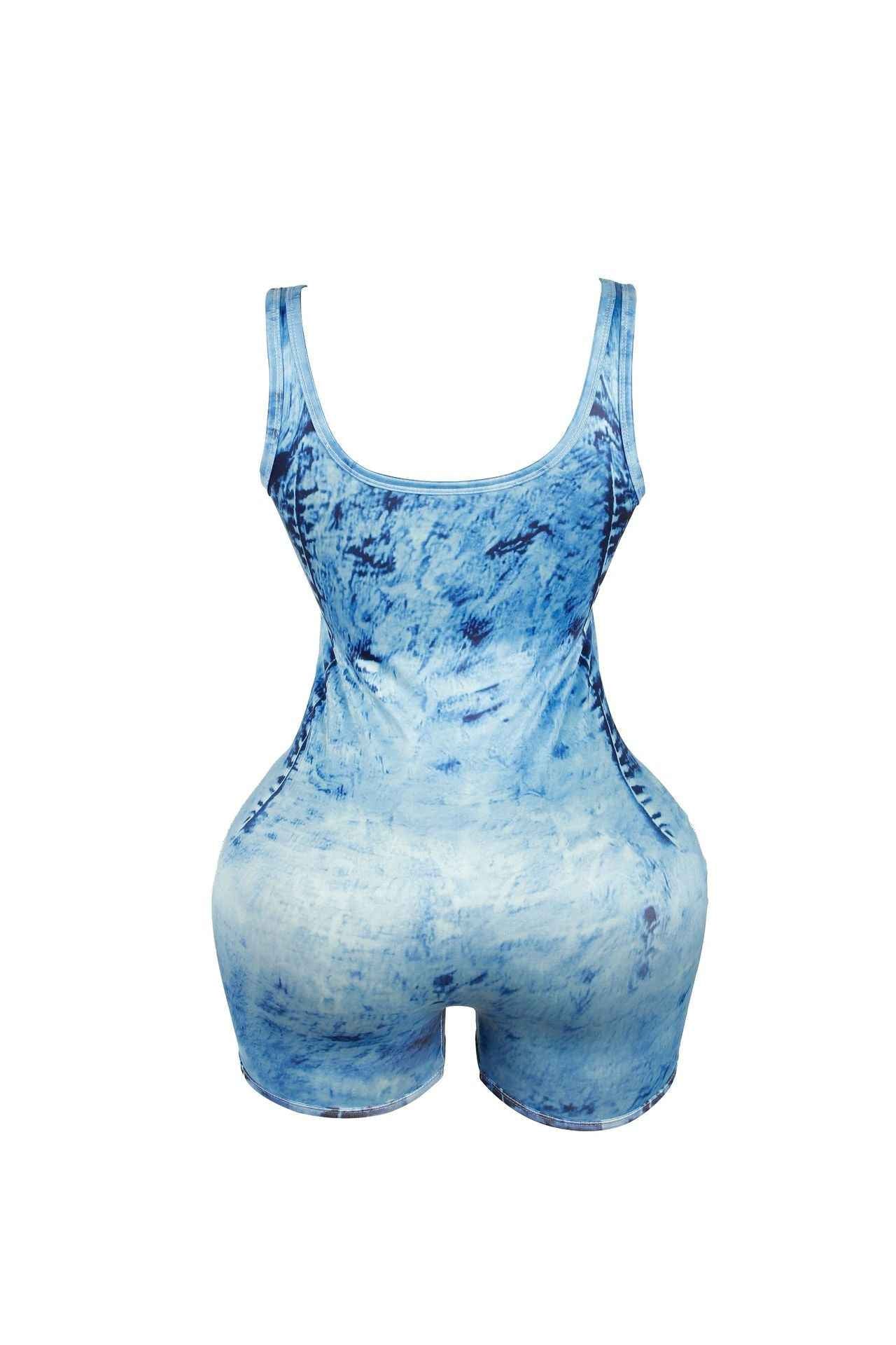 Denim Print Sexy Suspenders Tube Top Backless Romper Women