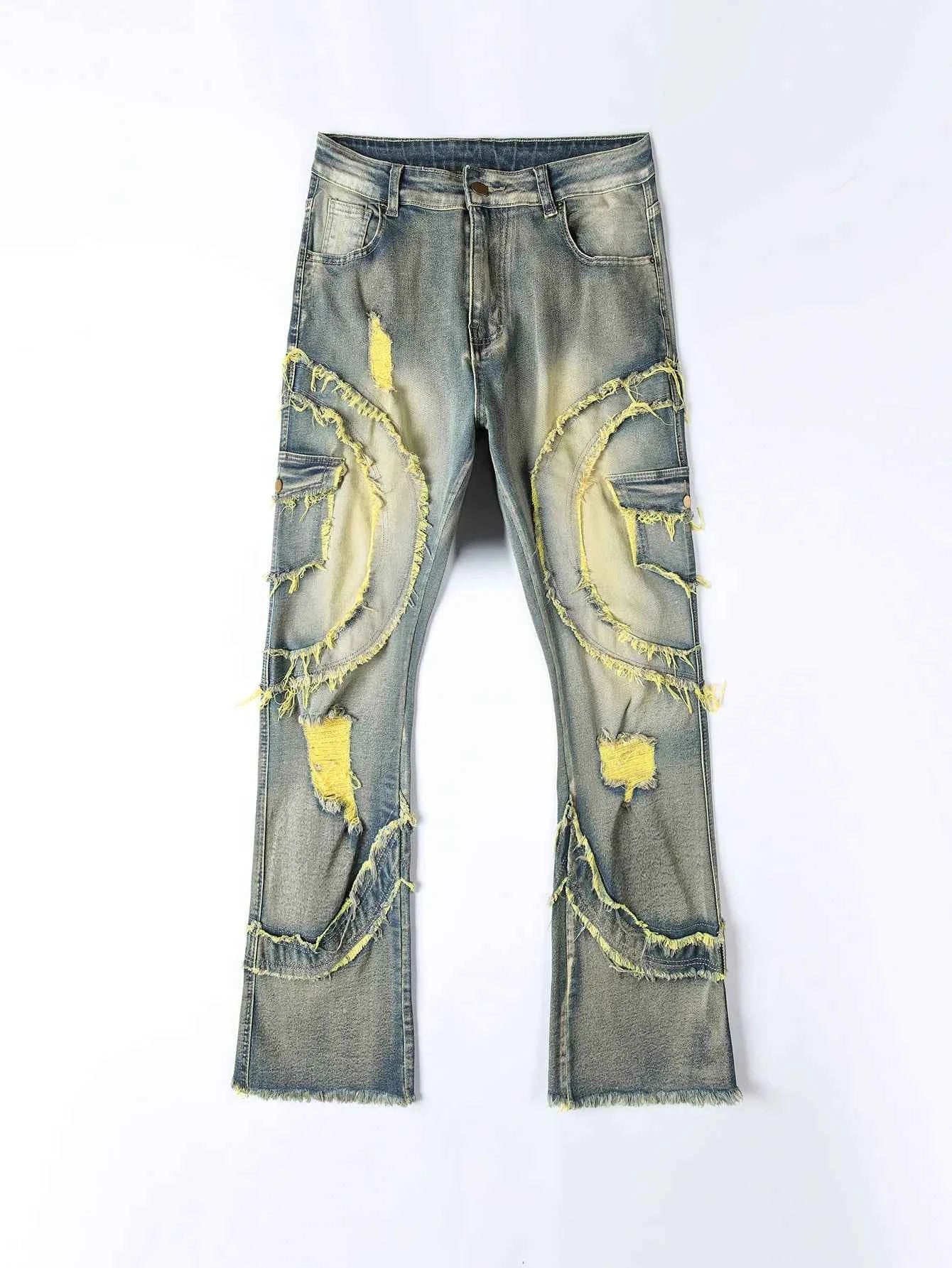 2025 New European and American men's casual jeans, street punk fashion, retro, ripped hole, slightly flared tassel elastic jeans