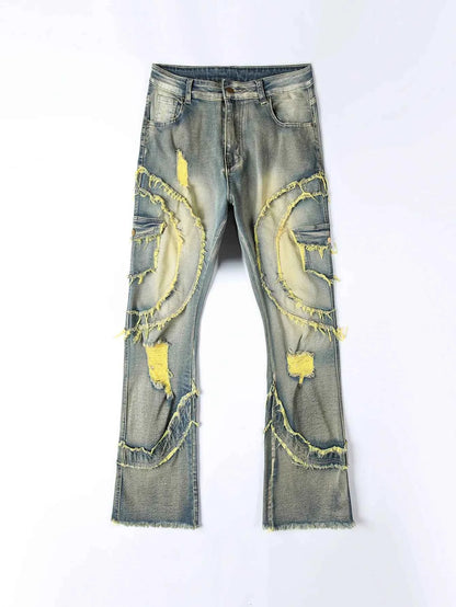 2025 New European and American men's casual jeans, street punk fashion, retro, ripped hole, slightly flared tassel elastic jeans