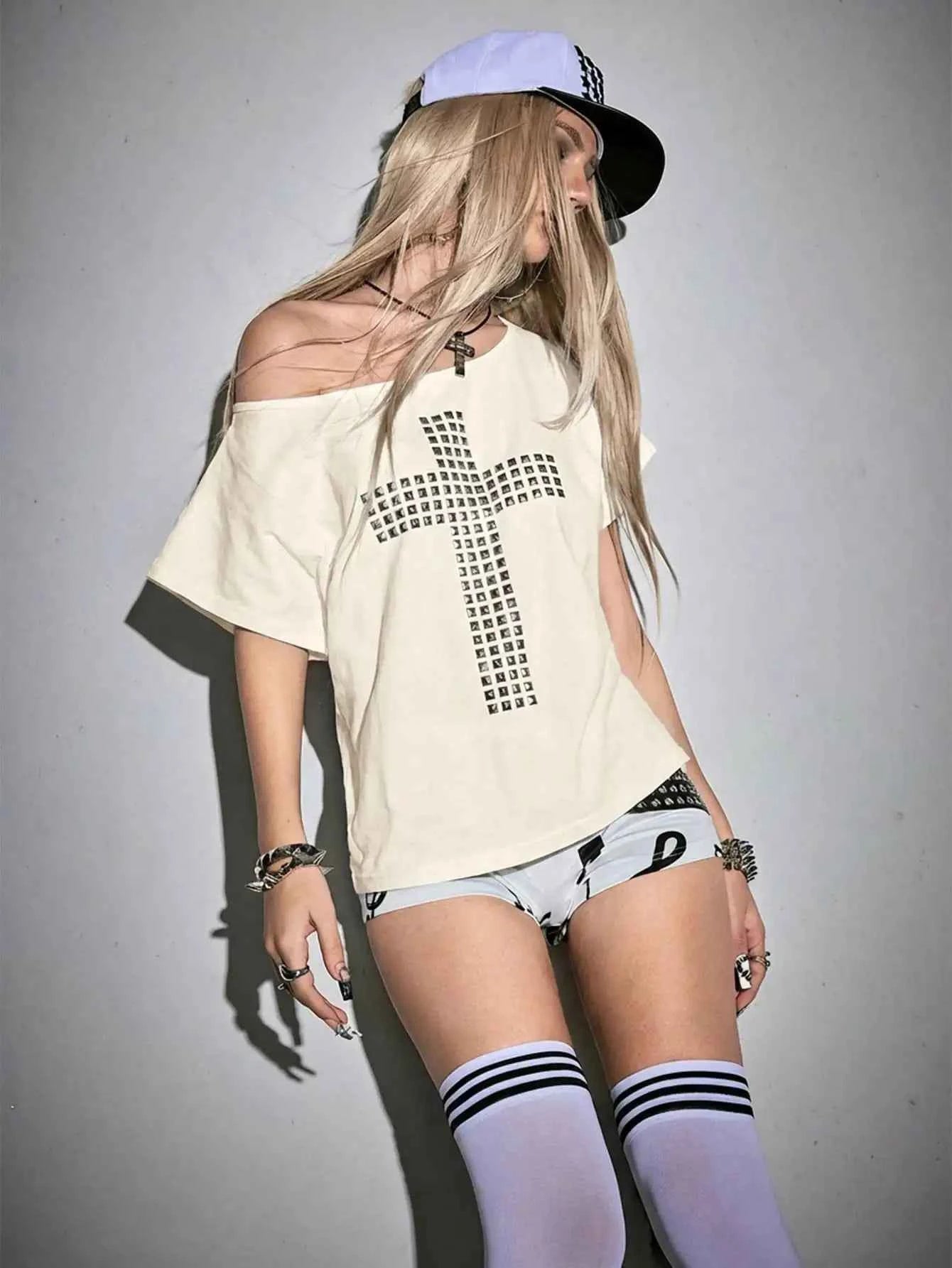 Punk Y2K Studded Cross T-Shirt with Cutout Back, Off-Shoulder Loose Fit for Streetwear