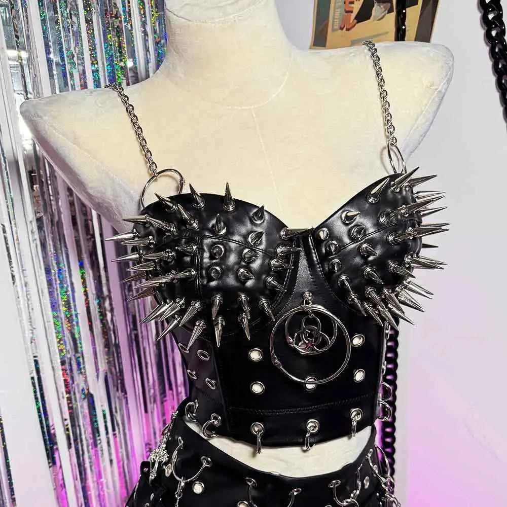 Gothic Emo Punk Woman Top with Spikes Grunge PU Leather Tank Y2K Alternative Clothing Sexy Party Club Wear T-shirt for Women