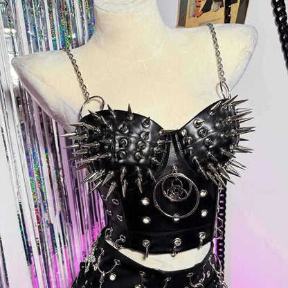 Gothic Emo Punk Woman Top with Spikes Grunge PU Leather Tank Y2K Alternative Clothing Sexy Party Club Wear T-shirt for Women