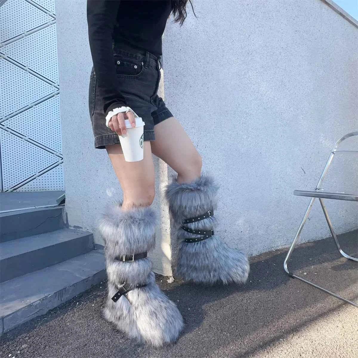 Ladies Faux Fur Knee High Wedge Platform Boots Popular Brown Spice Girl Cross Belt Buckle Winter New Snow Boots For Women