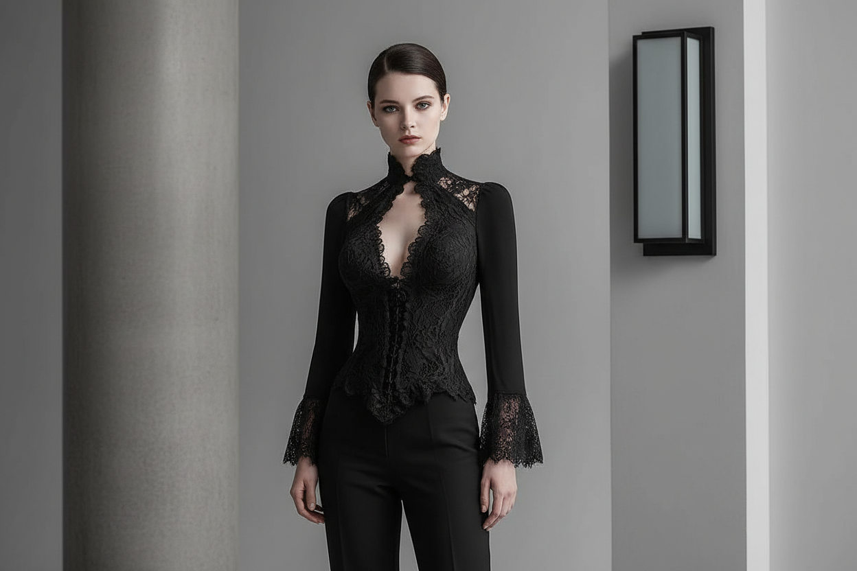Slim Fit Elegant Court Lace See-Through Stand Collar Cut Out Flare Sleeve Blouse