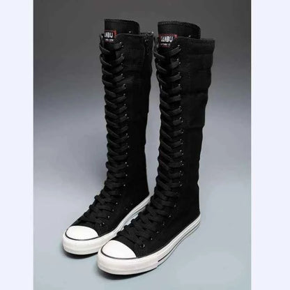 2025 New High Top Canvas Shoes for Women's Korean Edition Long Boot Lace-Up Zipper Comfortable Boot Zapatos De Mujer Tendencia
