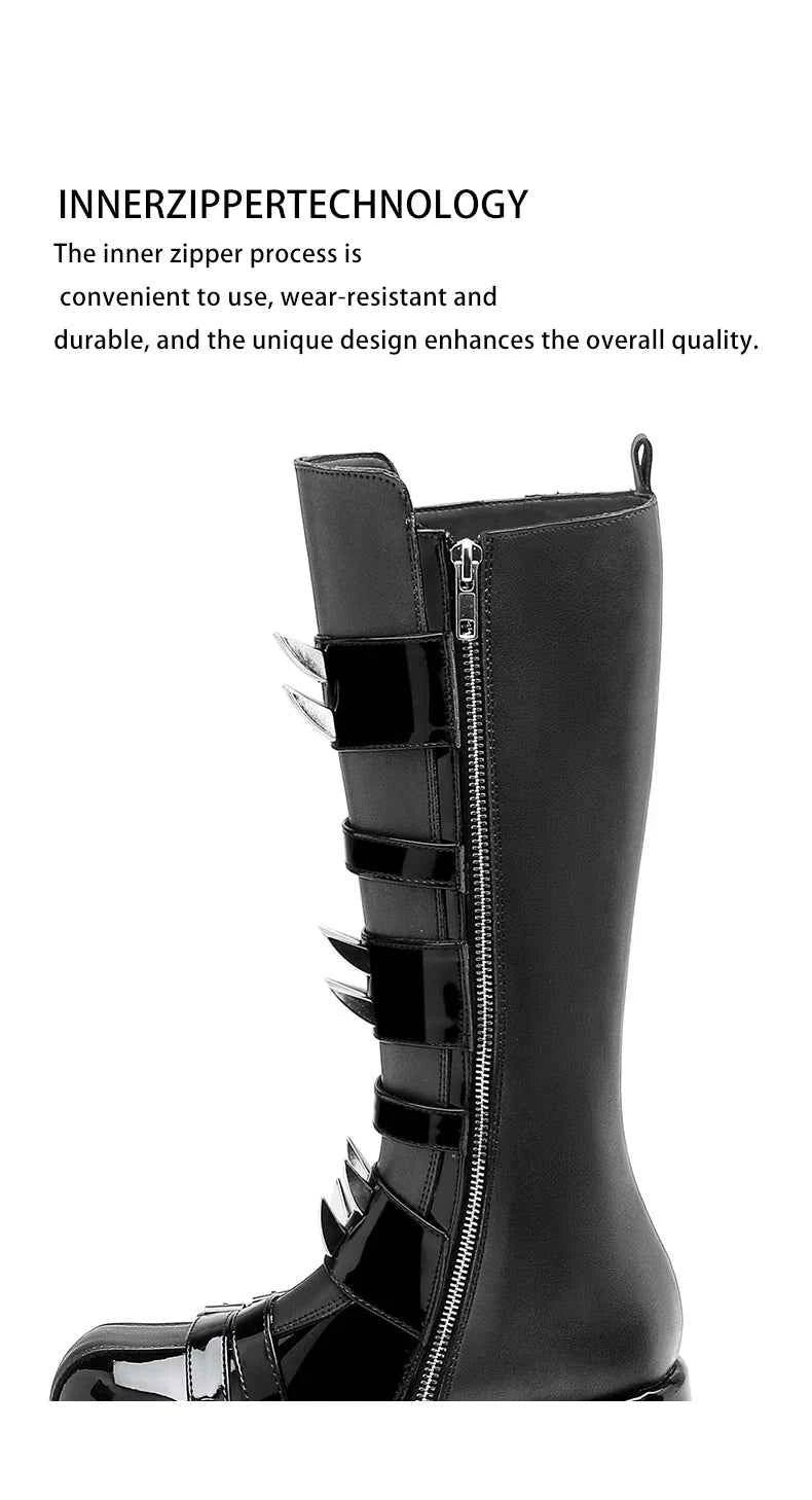 Belt Buckle Spike Rivet Platform Motorcycle Boots Round Toe Thick Sole Side Zipper Punk Knee High Boots Heavy Work Gothic Style