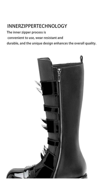 Belt Buckle Spike Rivet Platform Motorcycle Boots Round Toe Thick Sole Side Zipper Punk Knee High Boots Heavy Work Gothic Style