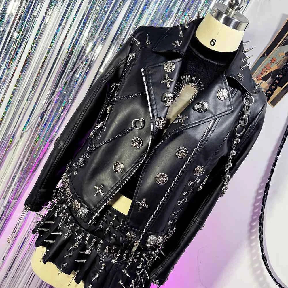 Y2K Vegan Leather Skull Studded Rivets Jacket Coat E-Girls Gothic Harajuku Grunge Chain Emo Eco DIY Punk Rock Hand Made