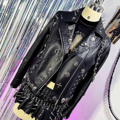 Y2K Vegan Leather Skull Studded Rivets Jacket Coat E-Girls Gothic Harajuku Grunge Chain Emo Eco DIY Punk Rock Hand Made